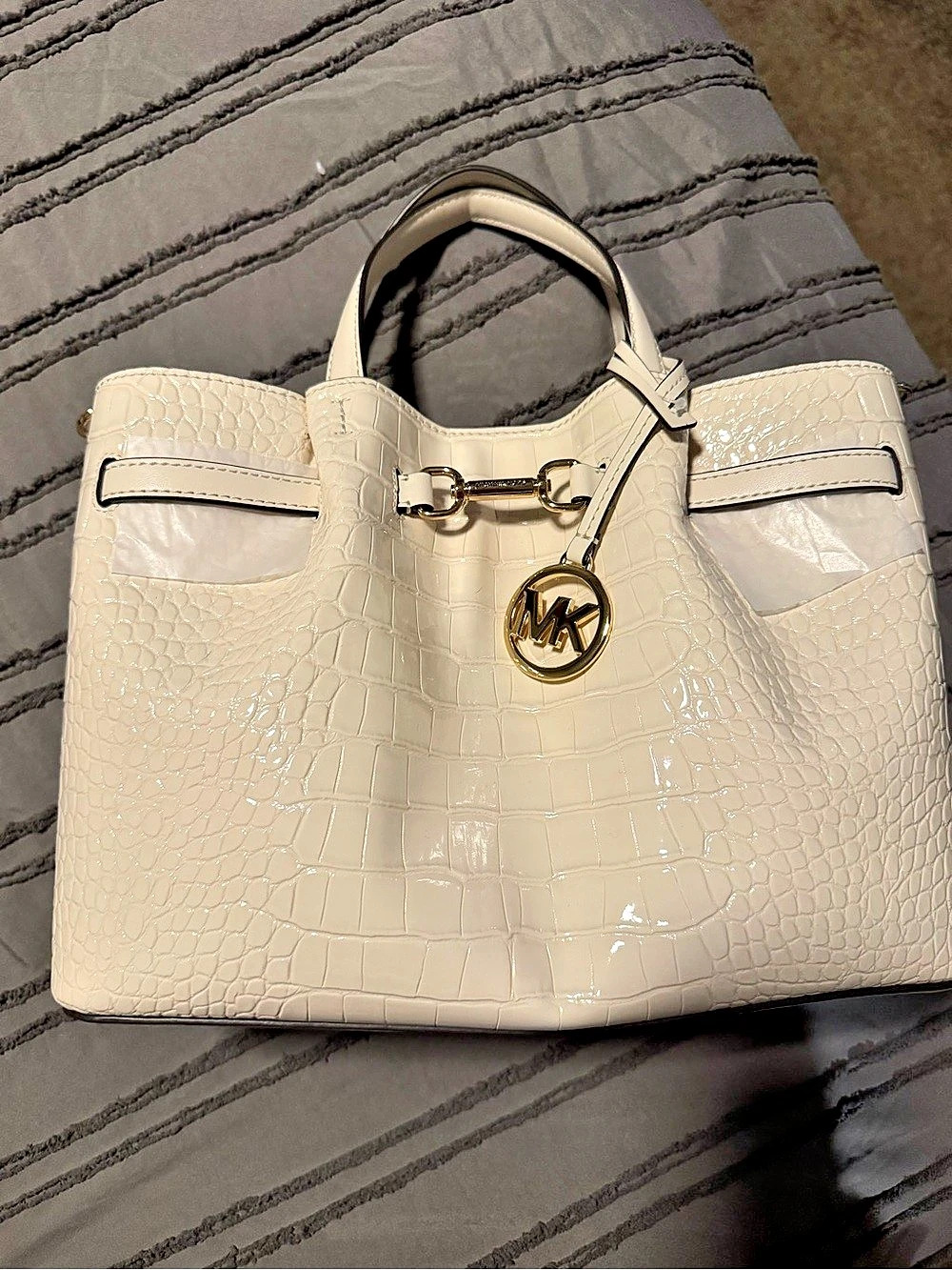 Michael Kors Cynthia Small Crocodile Embossed Leather Satchel White